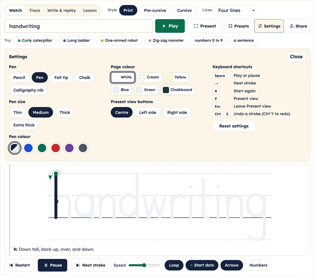 The Settings panel with pen, pen size, pen colour, page colour and keyboard shortcut options